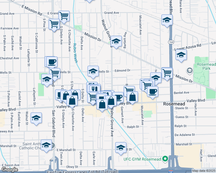 map of restaurants, bars, coffee shops, grocery stores, and more near 4217 Walnut Grove Avenue in Rosemead
