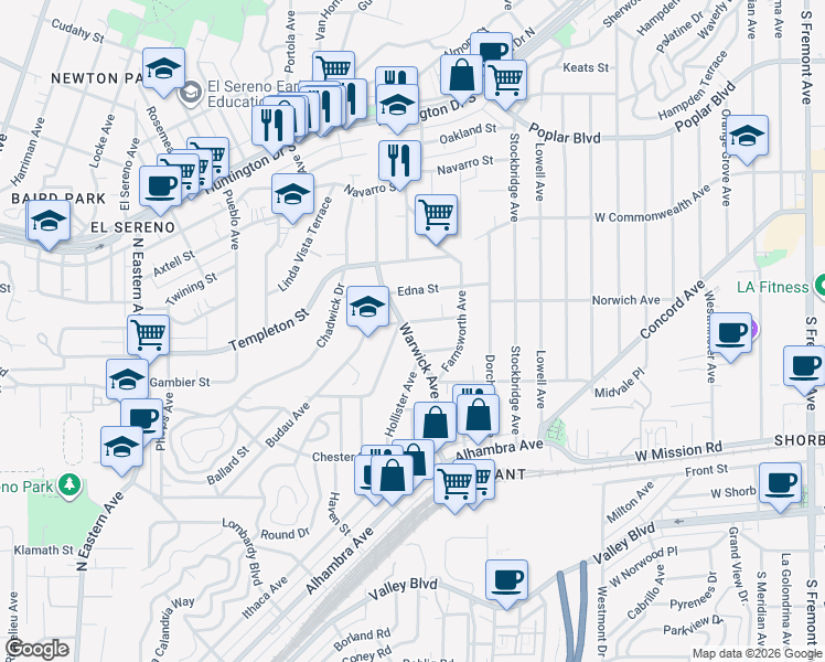 map of restaurants, bars, coffee shops, grocery stores, and more near 5322 Cronus Street in Los Angeles