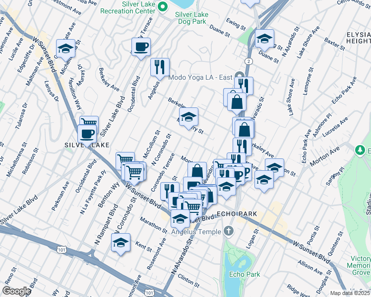 map of restaurants, bars, coffee shops, grocery stores, and more near 2356 Scott Avenue in Los Angeles