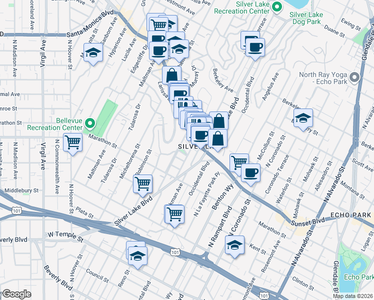 map of restaurants, bars, coffee shops, grocery stores, and more near in Los Angeles