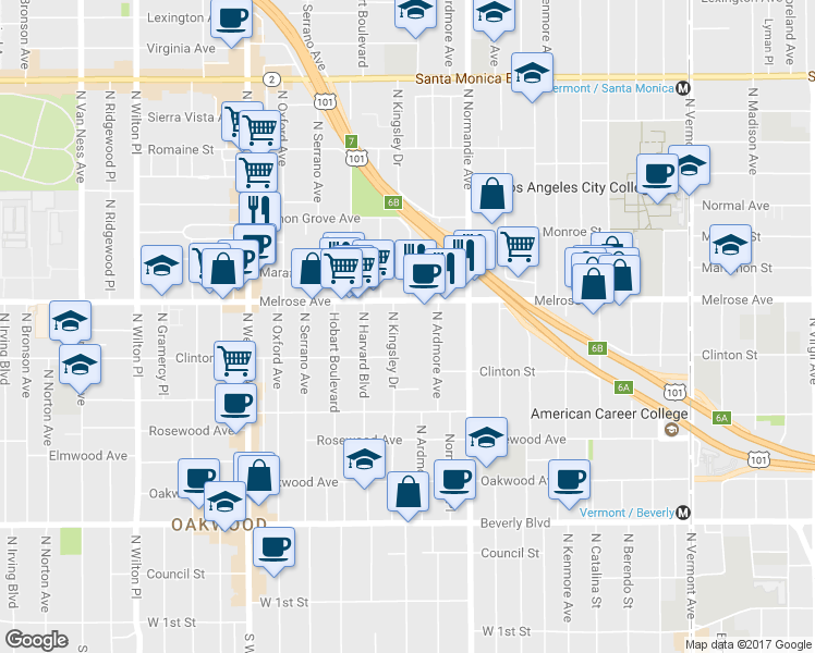 map of restaurants, bars, coffee shops, grocery stores, and more near in Los Angeles