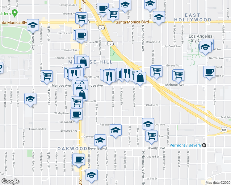 map of restaurants, bars, coffee shops, grocery stores, and more near in Los Angeles