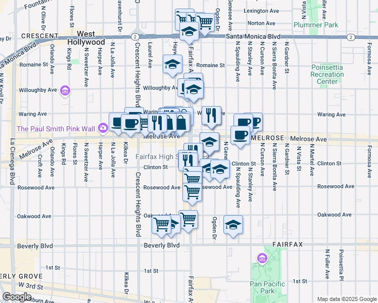 map of restaurants, bars, coffee shops, grocery stores, and more near 647 North Fairfax Avenue in Los Angeles