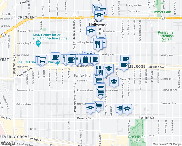 map of restaurants, bars, coffee shops, grocery stores, and more near 648 North Edinburgh Avenue in Los Angeles