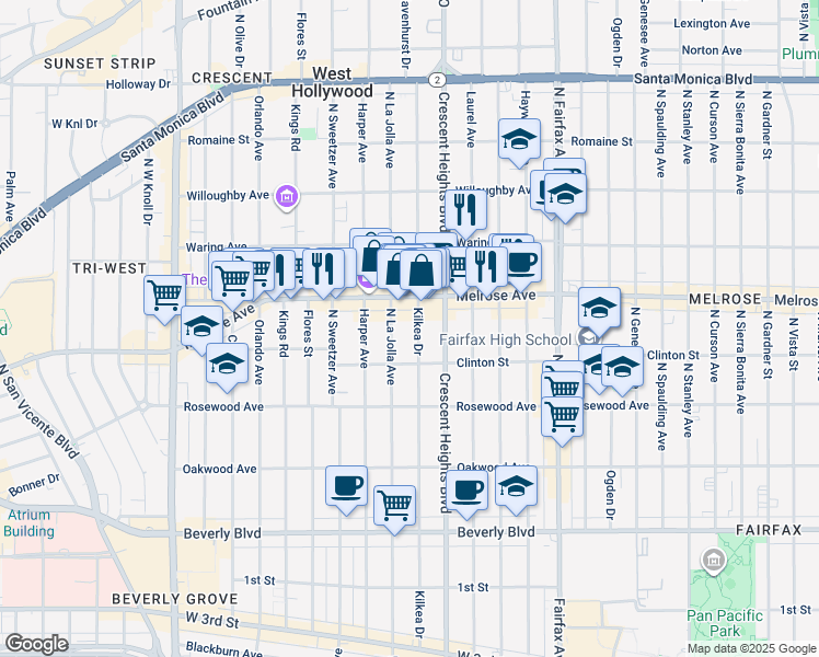 map of restaurants, bars, coffee shops, grocery stores, and more near 647 North La Jolla Avenue in Los Angeles