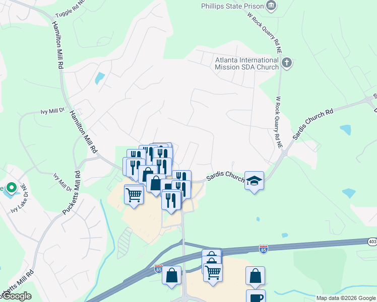 map of restaurants, bars, coffee shops, grocery stores, and more near 2427 Sardis Chase Court in Buford