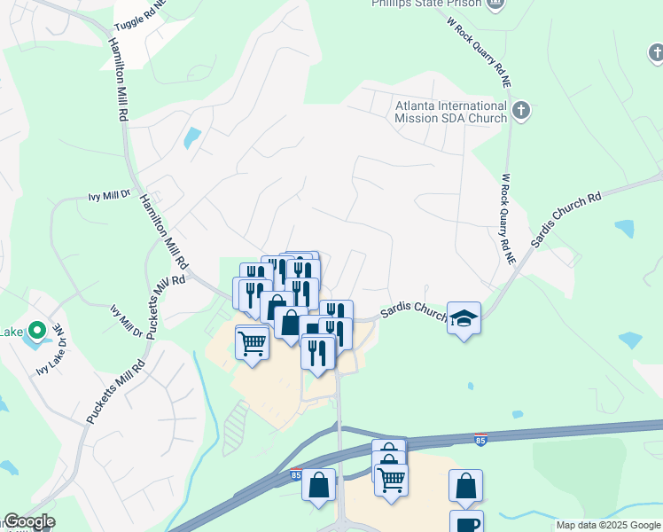 map of restaurants, bars, coffee shops, grocery stores, and more near 3456 Sardis Bend Drive in Buford