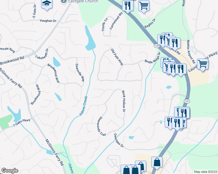 map of restaurants, bars, coffee shops, grocery stores, and more near 1225 Elk Ridge Cove in Alpharetta