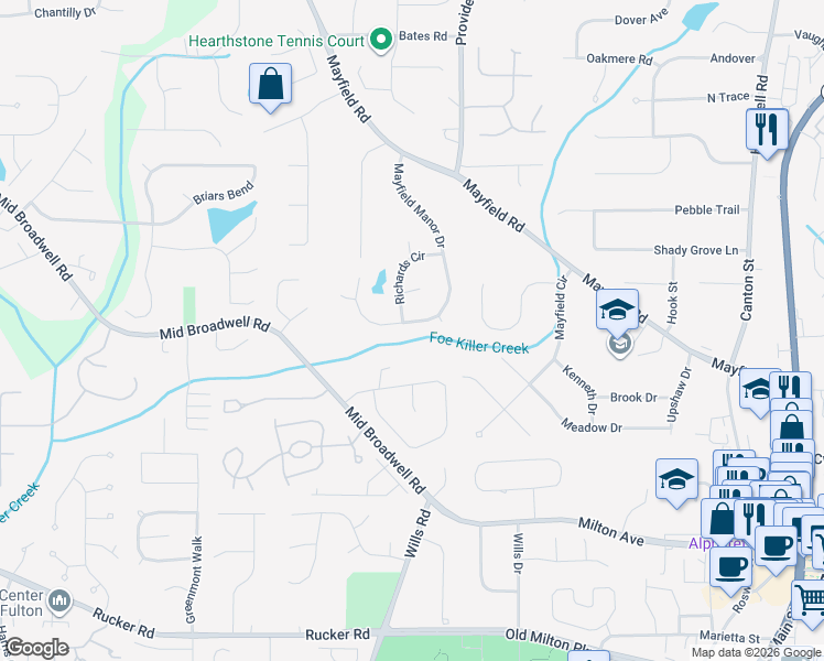 map of restaurants, bars, coffee shops, grocery stores, and more near 1230 Mayfield Manor Drive in Alpharetta