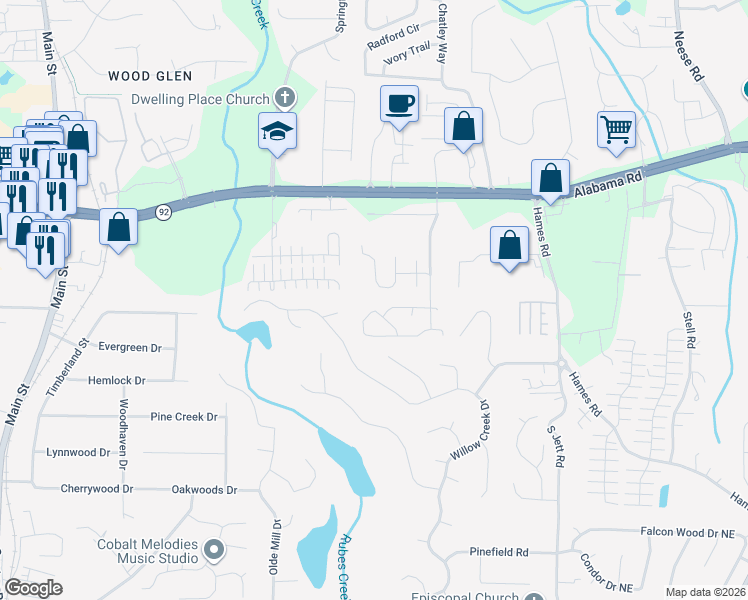 map of restaurants, bars, coffee shops, grocery stores, and more near 2001 Brittania Circle in Woodstock