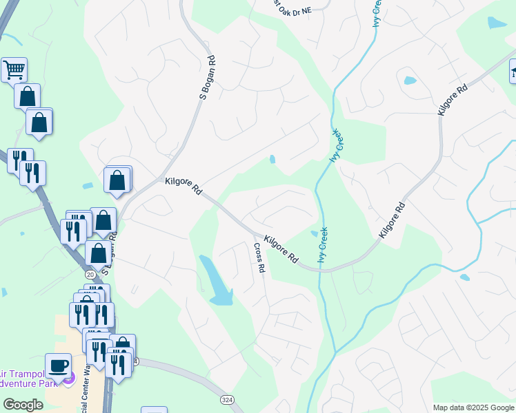 map of restaurants, bars, coffee shops, grocery stores, and more near 3510 Red Willow Court in Buford