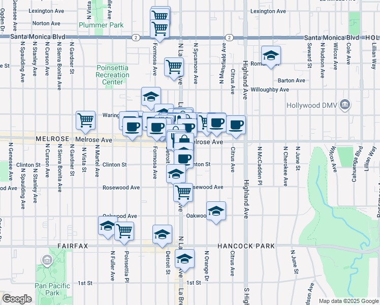 map of restaurants, bars, coffee shops, grocery stores, and more near 625 North Sycamore Avenue in Los Angeles