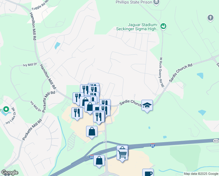 map of restaurants, bars, coffee shops, grocery stores, and more near 2427 Sardis Chase Court in Buford