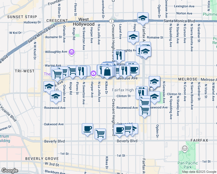map of restaurants, bars, coffee shops, grocery stores, and more near 636 North Kilkea Drive in West Hollywood