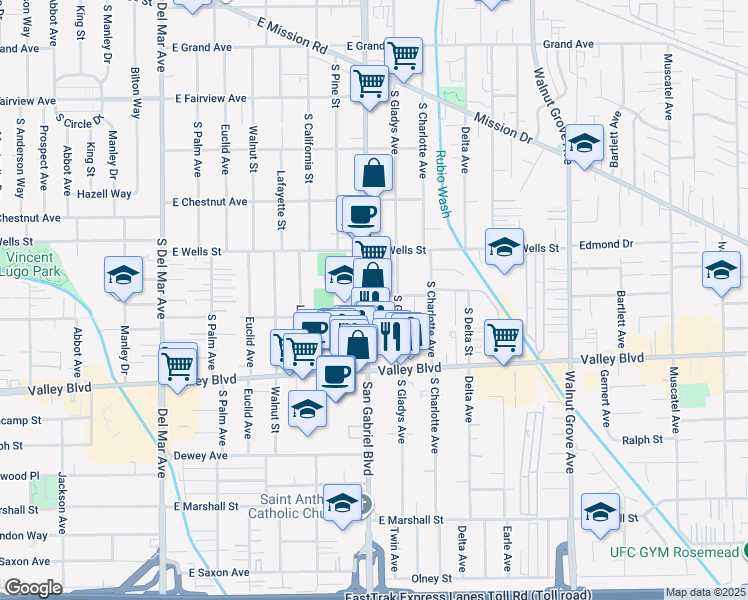 map of restaurants, bars, coffee shops, grocery stores, and more near 1408 South San Gabriel Boulevard in San Gabriel