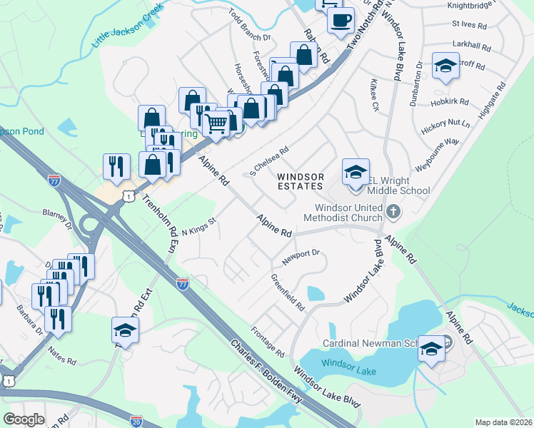 map of restaurants, bars, coffee shops, grocery stores, and more near 2909 Woodway Lane in Columbia
