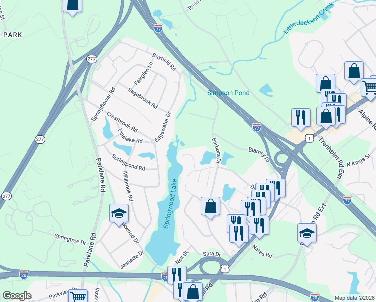 map of restaurants, bars, coffee shops, grocery stores, and more near 140 Springwoods Lake Point in Columbia