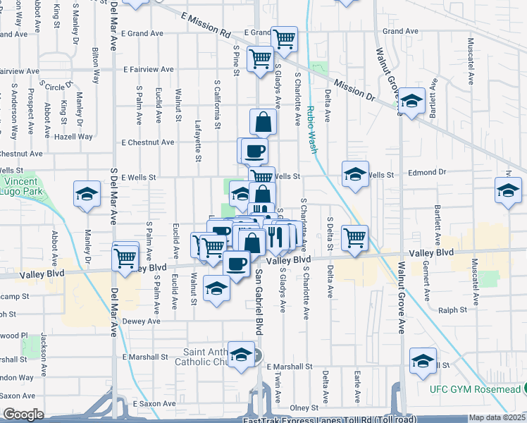 map of restaurants, bars, coffee shops, grocery stores, and more near 1416 South San Gabriel Boulevard in San Gabriel