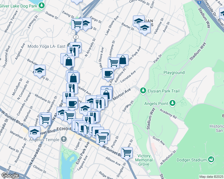 map of restaurants, bars, coffee shops, grocery stores, and more near 1712 Lucretia Avenue in Los Angeles