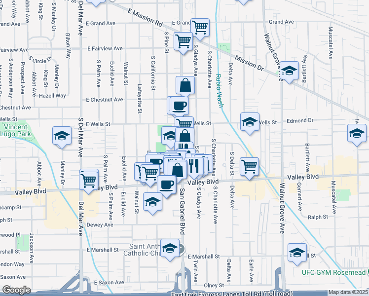 map of restaurants, bars, coffee shops, grocery stores, and more near 1416 South San Gabriel Boulevard in San Gabriel