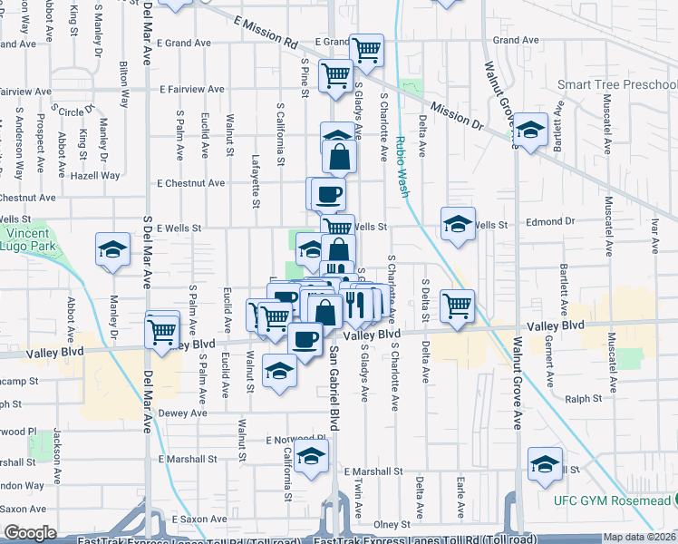 map of restaurants, bars, coffee shops, grocery stores, and more near 1416 South San Gabriel Boulevard in San Gabriel