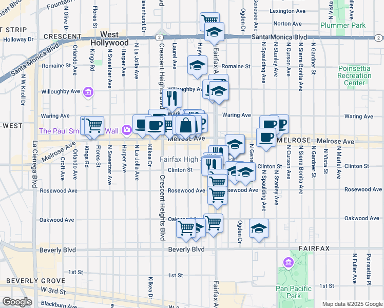 map of restaurants, bars, coffee shops, grocery stores, and more near 638 North Edinburgh Avenue in Los Angeles