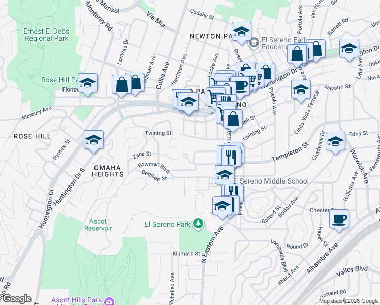 map of restaurants, bars, coffee shops, grocery stores, and more near 4755 Templeton Street in Los Angeles