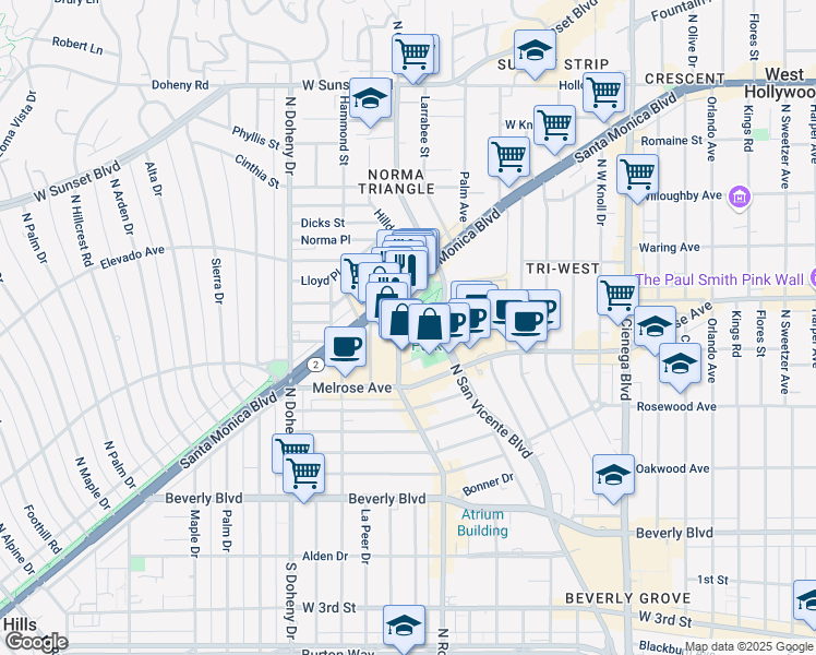 map of restaurants, bars, coffee shops, grocery stores, and more near 647 N San Vicente Blvd in West Hollywood