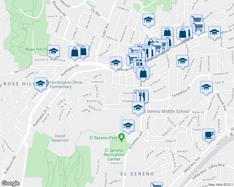 map of restaurants, bars, coffee shops, grocery stores, and more near 4760 Templeton Street in Los Angeles