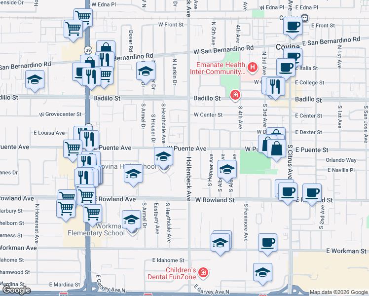 map of restaurants, bars, coffee shops, grocery stores, and more near 519 West Puente Street in Covina