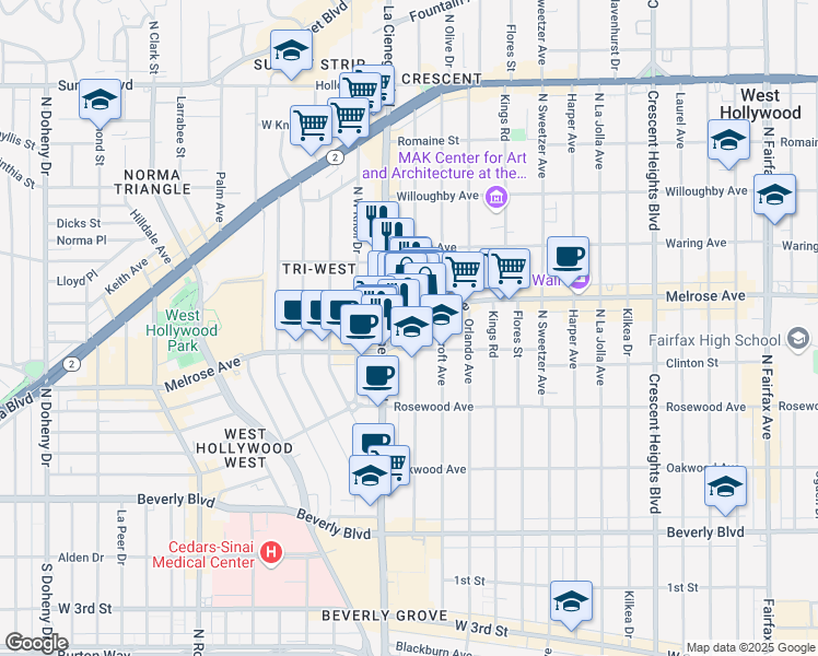 map of restaurants, bars, coffee shops, grocery stores, and more near 630 North La Cienega Boulevard in Los Angeles