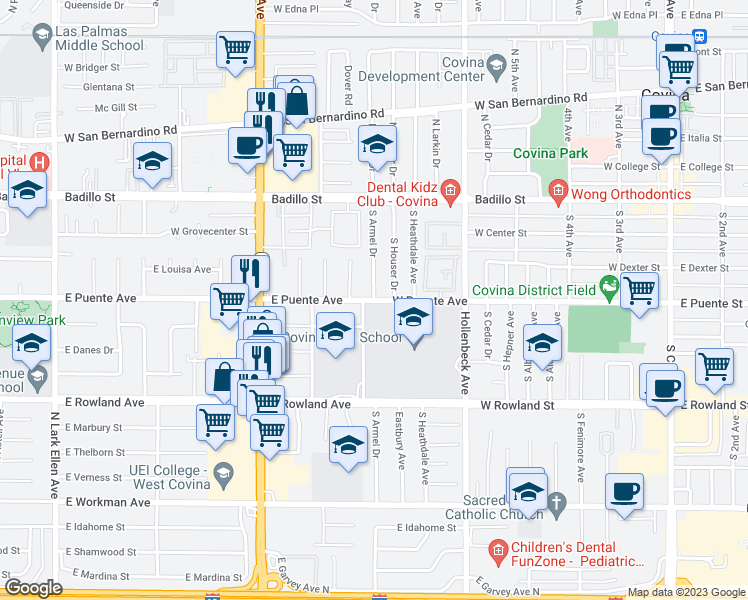map of restaurants, bars, coffee shops, grocery stores, and more near South Armel Drive in Covina
