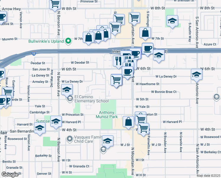 map of restaurants, bars, coffee shops, grocery stores, and more near 1338 North Elderberry Avenue in Ontario