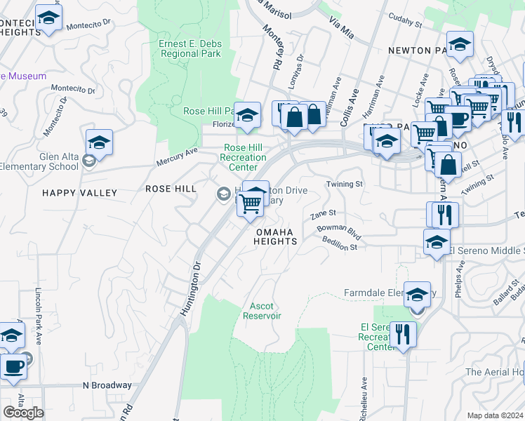 map of restaurants, bars, coffee shops, grocery stores, and more near 4448 Huntington Drive South in Los Angeles
