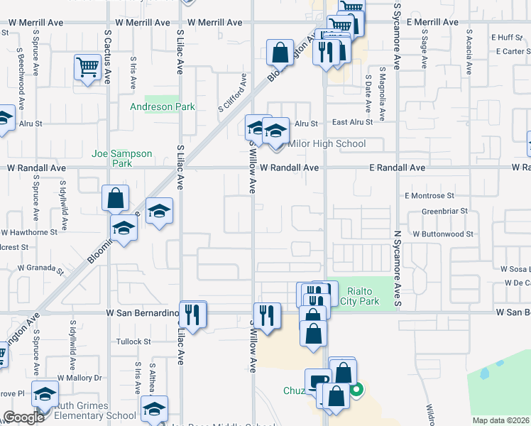 map of restaurants, bars, coffee shops, grocery stores, and more near 1029 South Willow Avenue in Rialto