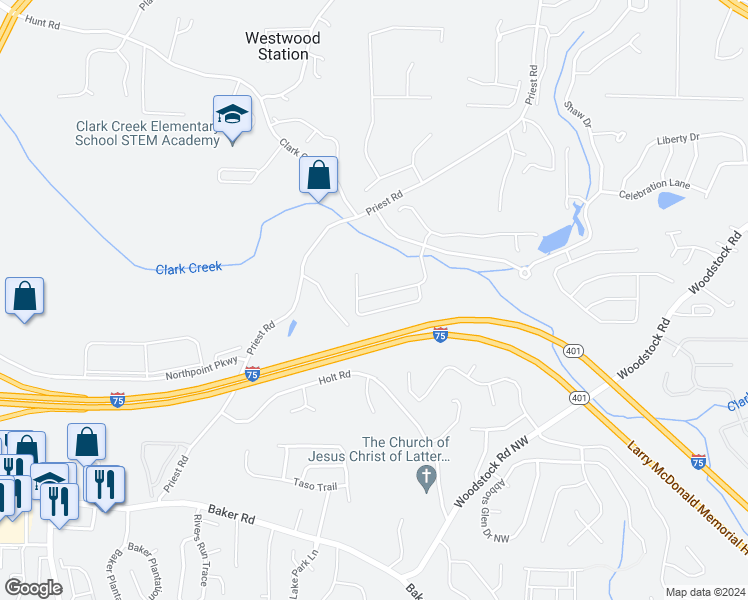map of restaurants, bars, coffee shops, grocery stores, and more near 237 Madison Avenue in Acworth