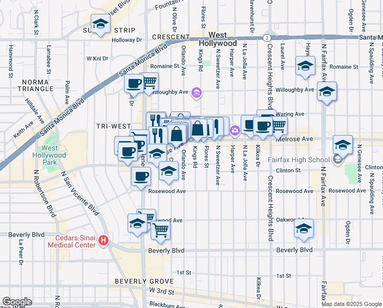 map of restaurants, bars, coffee shops, grocery stores, and more near 621 Kings Road in West Hollywood