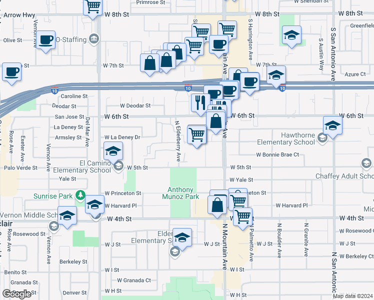 map of restaurants, bars, coffee shops, grocery stores, and more near 1338 North Elderberry Avenue in Ontario