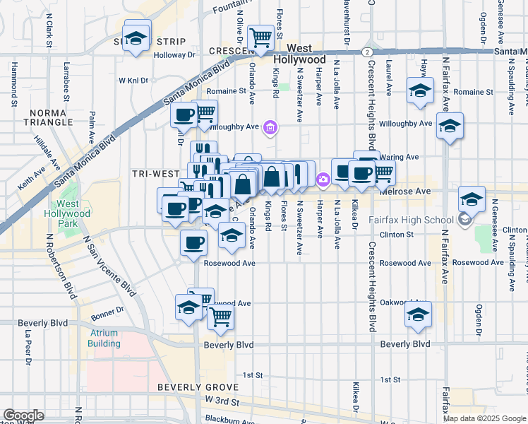 map of restaurants, bars, coffee shops, grocery stores, and more near 621 Kings Road in West Hollywood