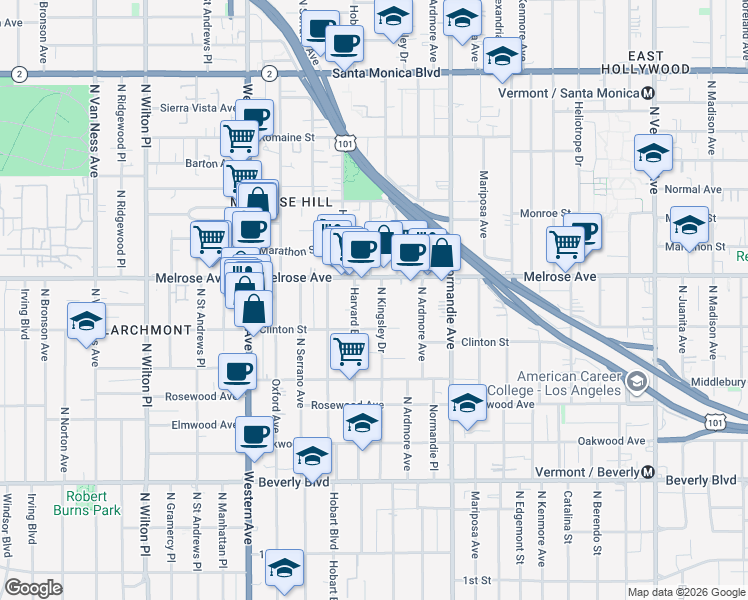 map of restaurants, bars, coffee shops, grocery stores, and more near 643 North Kingsley Drive in Los Angeles