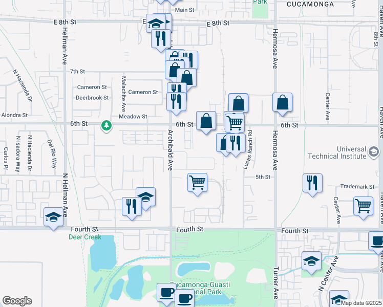 map of restaurants, bars, coffee shops, grocery stores, and more near 9774 Hawthorne Drive in Rancho Cucamonga