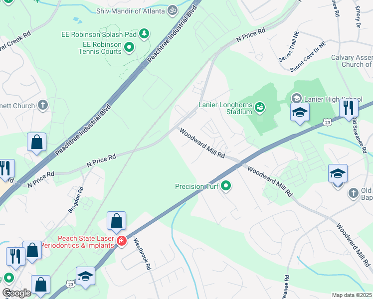 map of restaurants, bars, coffee shops, grocery stores, and more near 4400 Woodward Mill Road in Sugar Hill