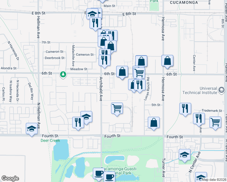 map of restaurants, bars, coffee shops, grocery stores, and more near 9774 Hawthorne Drive in Rancho Cucamonga