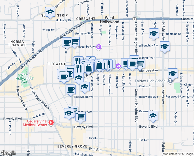 map of restaurants, bars, coffee shops, grocery stores, and more near 621 Kings Road in West Hollywood