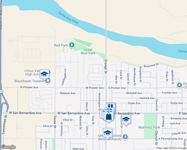 map of restaurants, bars, coffee shops, grocery stores, and more near 140 West Pioneer Avenue in Redlands