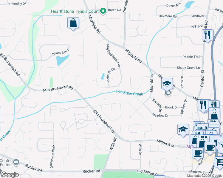 map of restaurants, bars, coffee shops, grocery stores, and more near 1230 Mayfield Manor Drive in Alpharetta