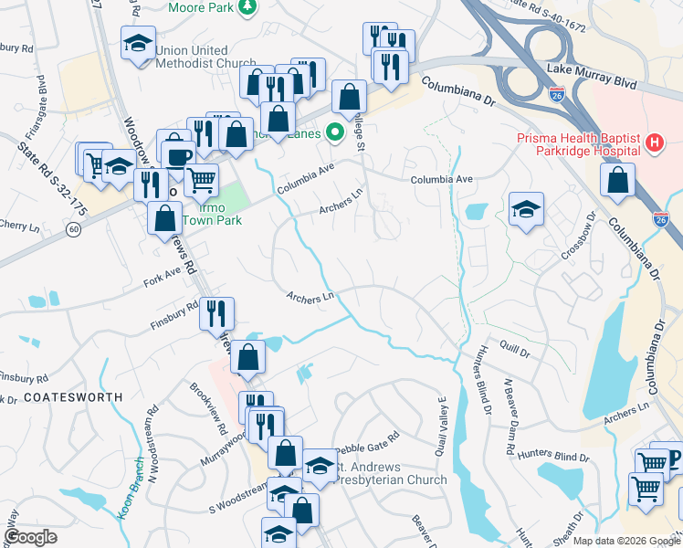 map of restaurants, bars, coffee shops, grocery stores, and more near 507 Timbertrail Court in Columbia