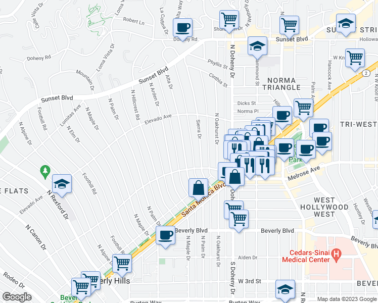 map of restaurants, bars, coffee shops, grocery stores, and more near 612 Alta Drive in Beverly Hills