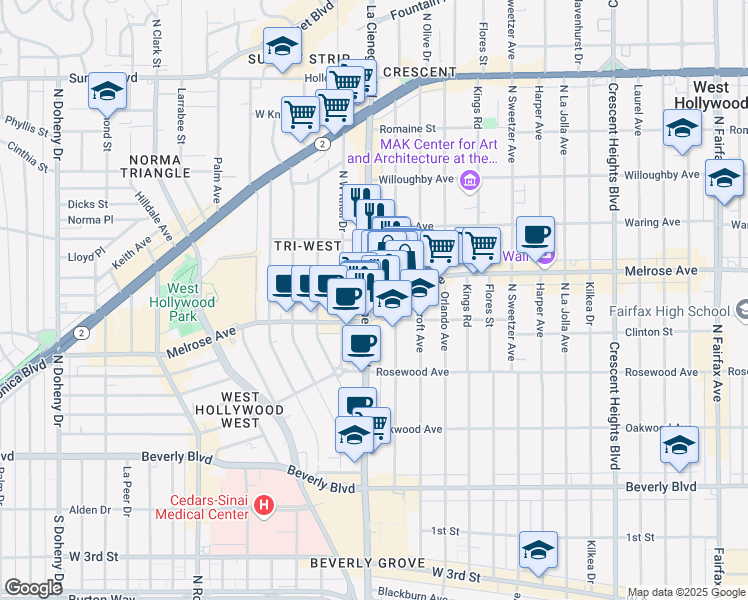 map of restaurants, bars, coffee shops, grocery stores, and more near 630 North La Cienega Boulevard in Los Angeles