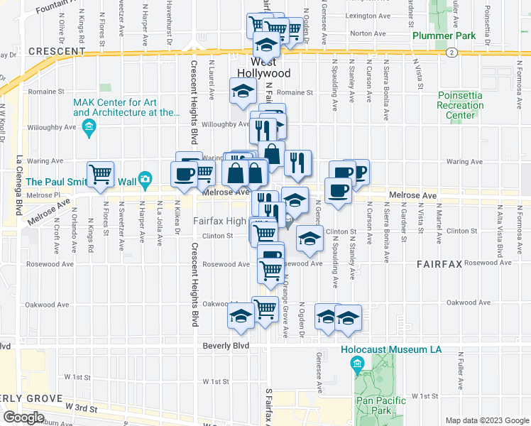 map of restaurants, bars, coffee shops, grocery stores, and more near 639 North Fairfax Avenue in Los Angeles
